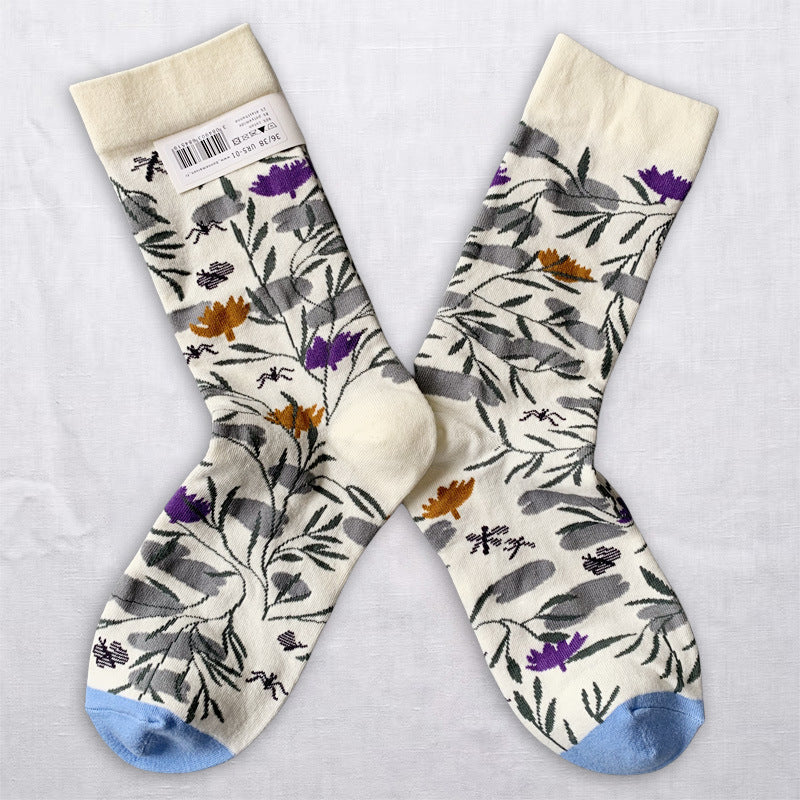 Whimsical Nature Art Crew Socks – Scenic, Floral & Striped Designs