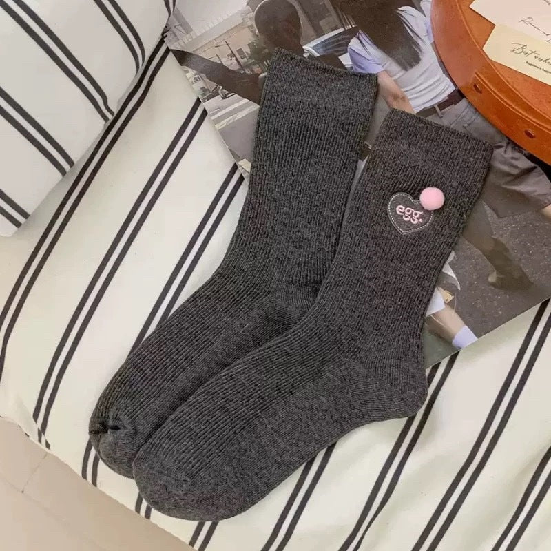 Vintage Pink & Grey Crew Socks for Women – Cute Embroidered Striped Mid-Calf Socks