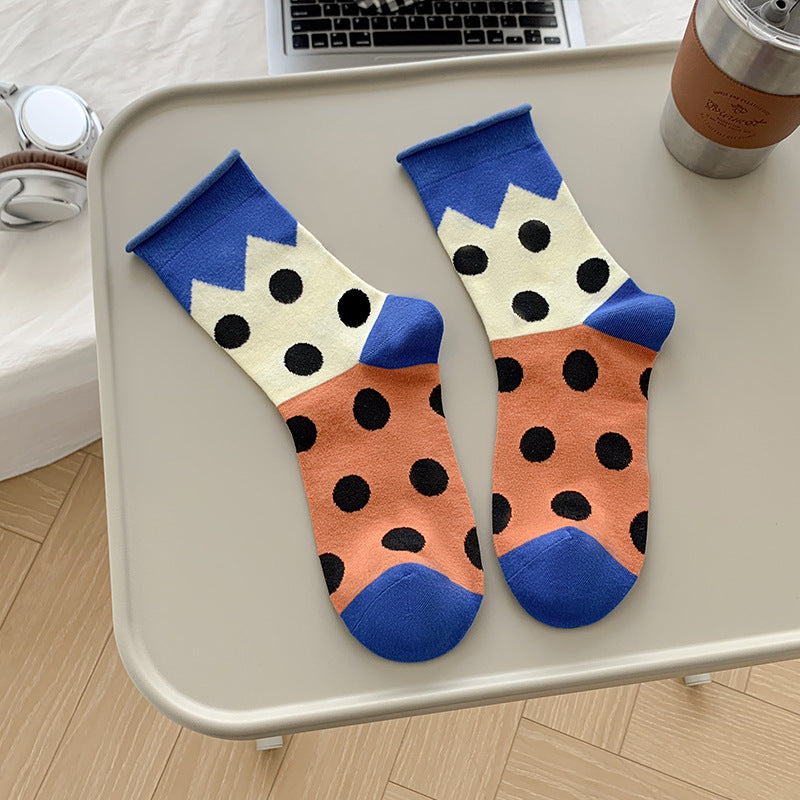 Retro Polka Dot Colorblock Crew Socks – Cotton Mismatched Socks