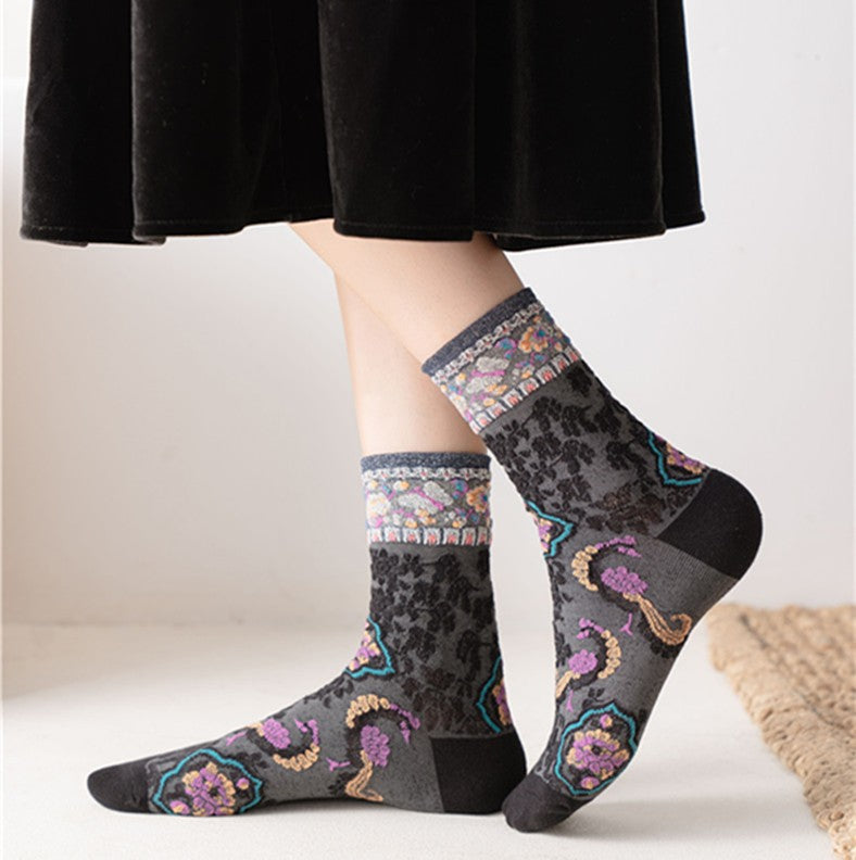 Vintage Floral Embroidered Crew Socks for Women – Glitter Cuff Sheer Jacquard Socks