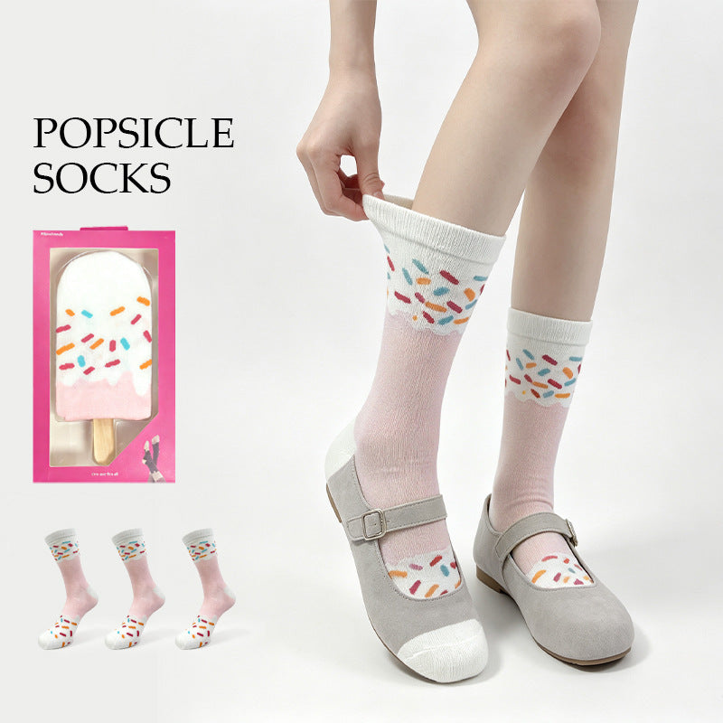 Cute Ice Cream Crew Socks for Women – Pink Cotton Casual Gift Box Socks