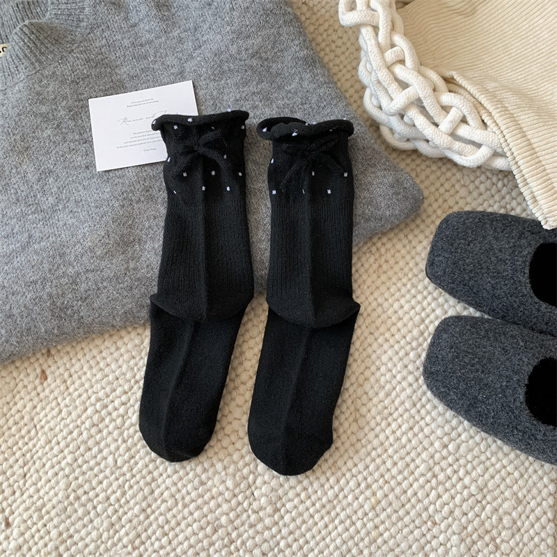 Cozy Polka Dot Bow Sleep Socks – Women’s Soft Warm Crew Socks