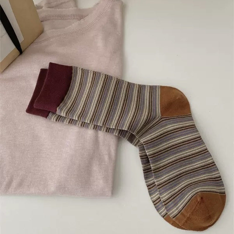 Retro Micro-Stripe Colorblock Crew Socks – Unisex Contrast Cuff Socks