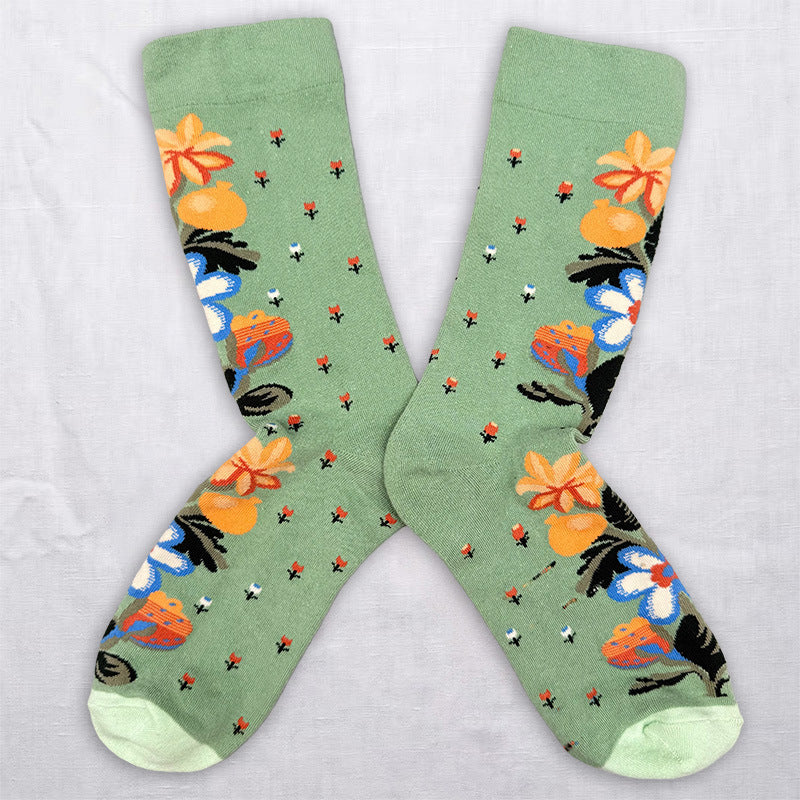 Whimsical Nature & Animal Pattern Crew Socks – 6 Artistic Designs