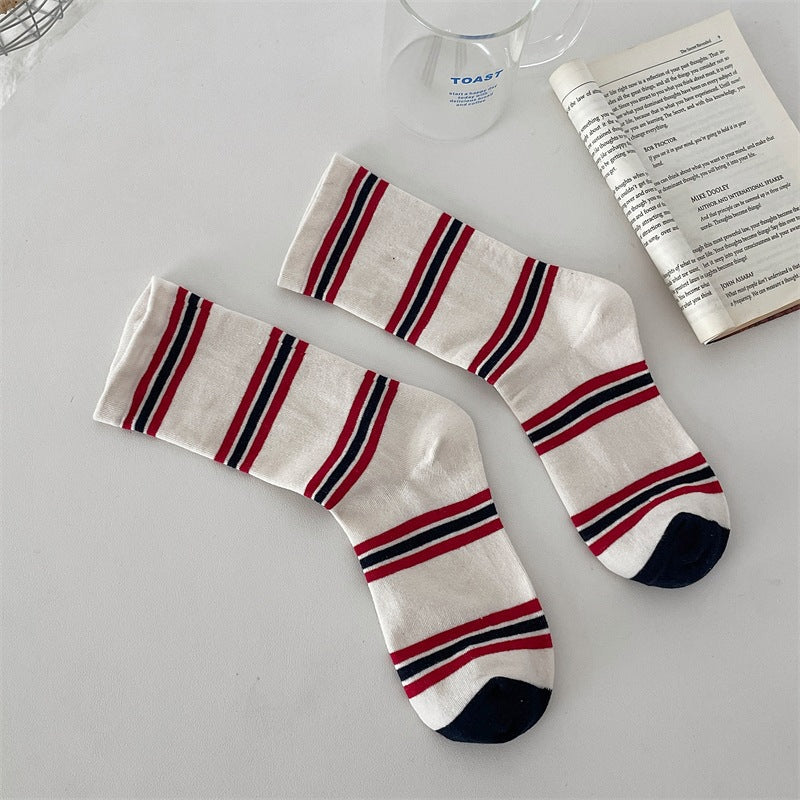 Preppy Colorblock Stripe Crew Socks – Unisex Cotton Mid-Calf Socks