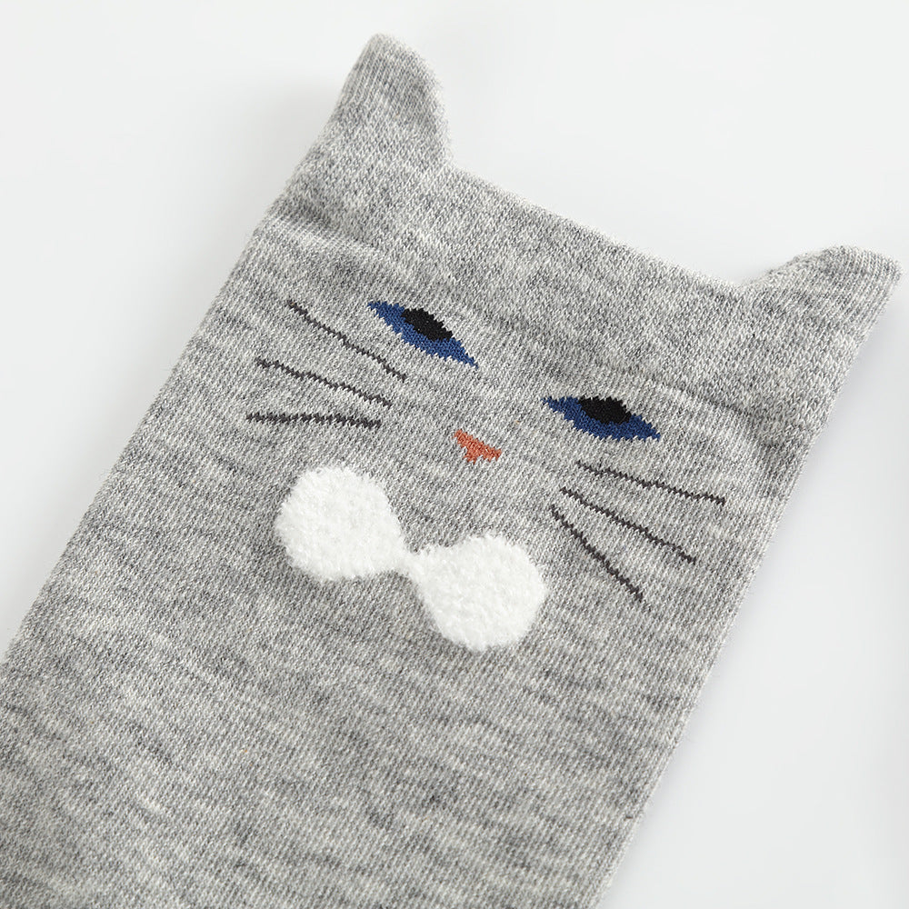 Cute 3D Cat Ear Crew Socks for Women - Soft Combed Cotton Mid-Calf Cartoon Socks