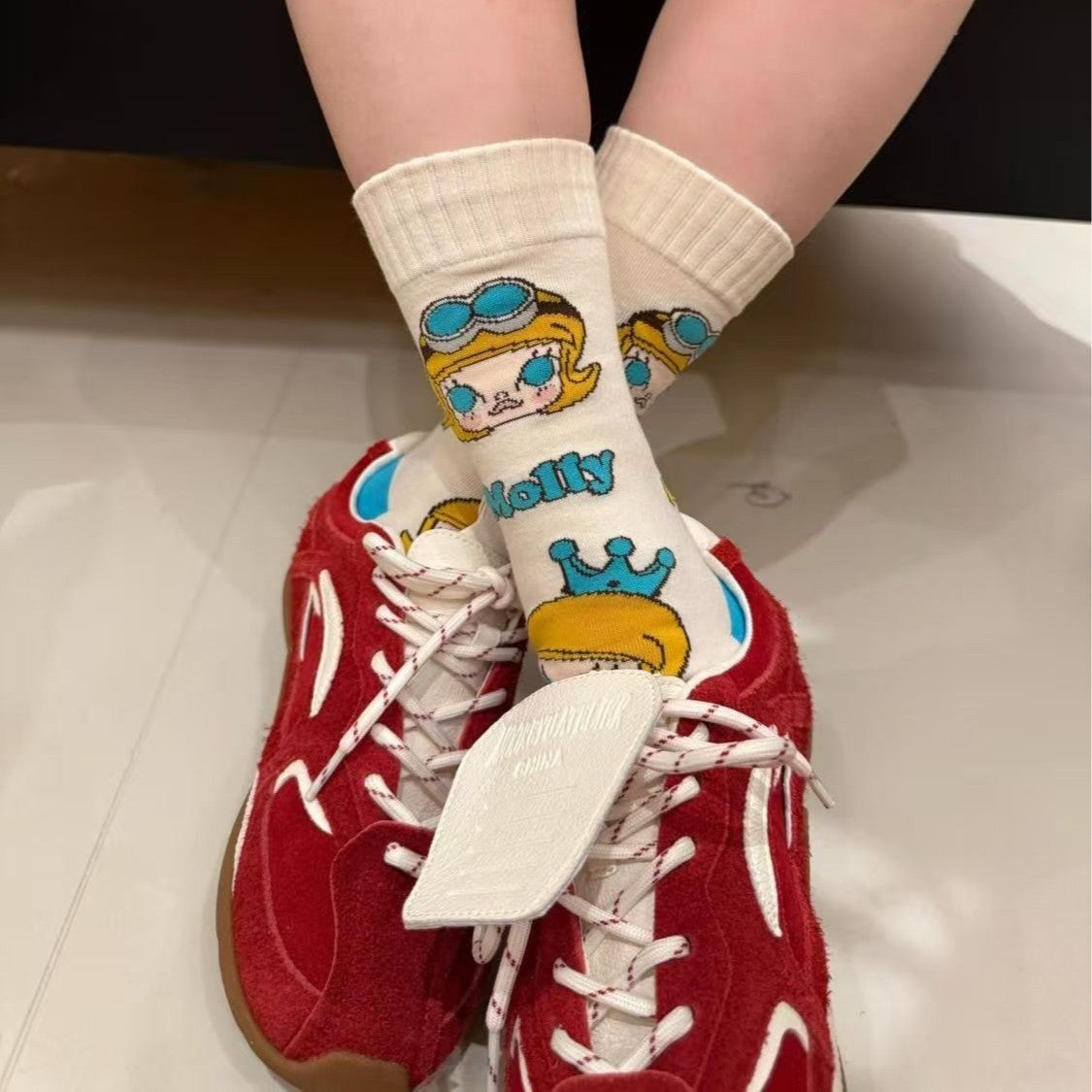 Playful Cartoon Crew Socks – Retro Striped & Polka Dot Women’s Socks