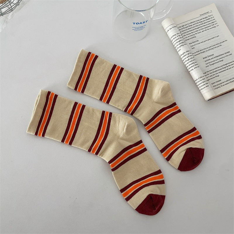Preppy Colorblock Stripe Crew Socks – Unisex Cotton Mid-Calf Socks