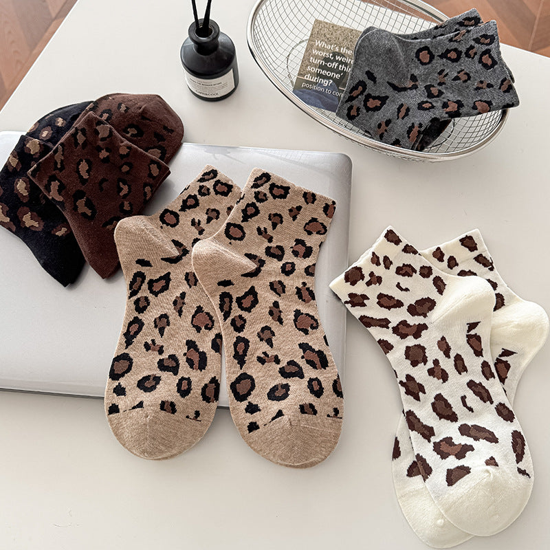 Leopard Print Crew Socks for Women – Cute Animal Pattern Cotton Socks