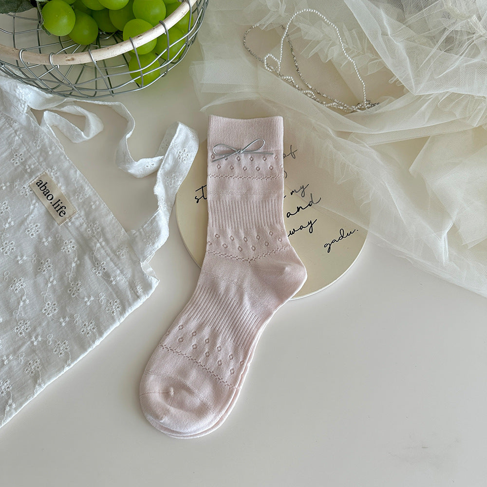 Bow Detail Ribbed Crew Socks for Women – Lightweight Cotton Slouch Socks