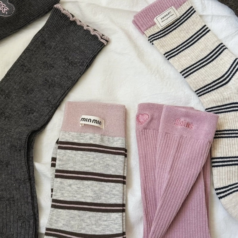 Vintage Pink & Grey Crew Socks for Women – Cute Embroidered Striped Mid-Calf Socks