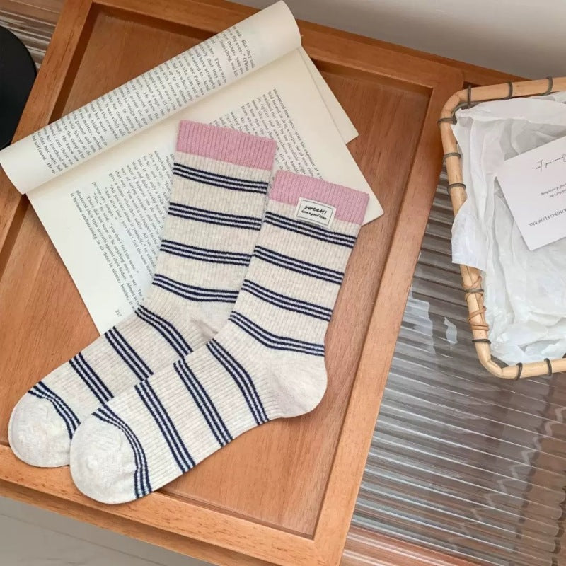 Vintage Pink & Grey Crew Socks for Women – Cute Embroidered Striped Mid-Calf Socks