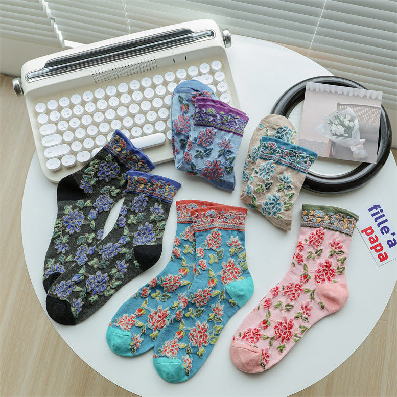 Vintage Floral Embroidered Crew Socks for Women – Sheer Textured Garden Socks