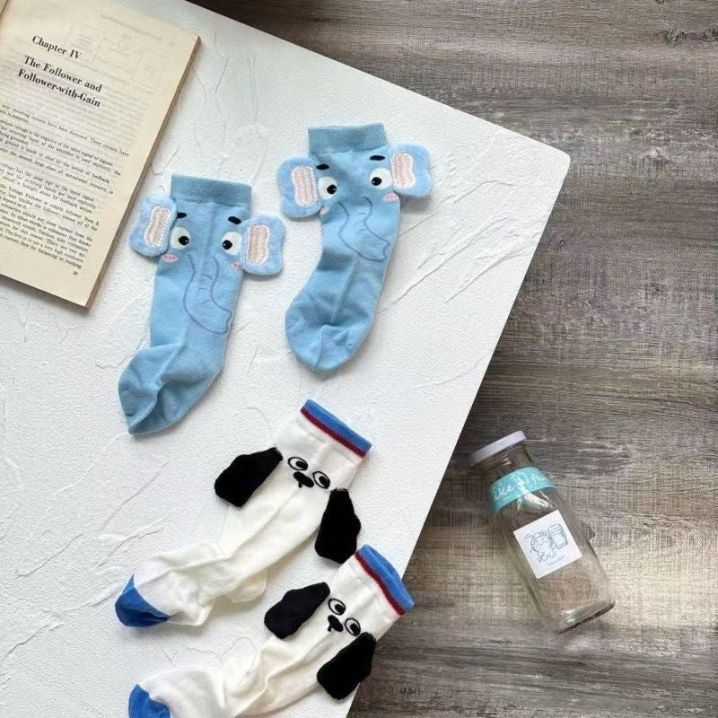 Cute 3D Animal Ear Cotton Crew Socks – Elephant & Puppy