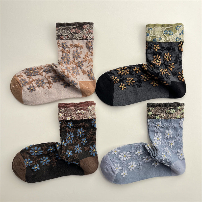 Vintage Raised Floral Sheer Crew Socks for Women – Contrast Jacquard Cuff Ankle Socks