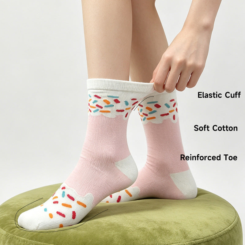 Cute Ice Cream Crew Socks for Women – Pink Cotton Casual Gift Box Socks