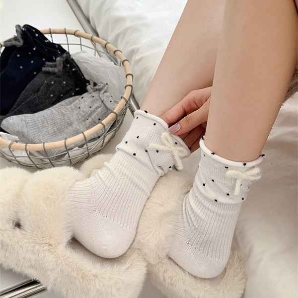 Cozy Polka Dot Bow Sleep Socks – Women’s Soft Warm Crew Socks
