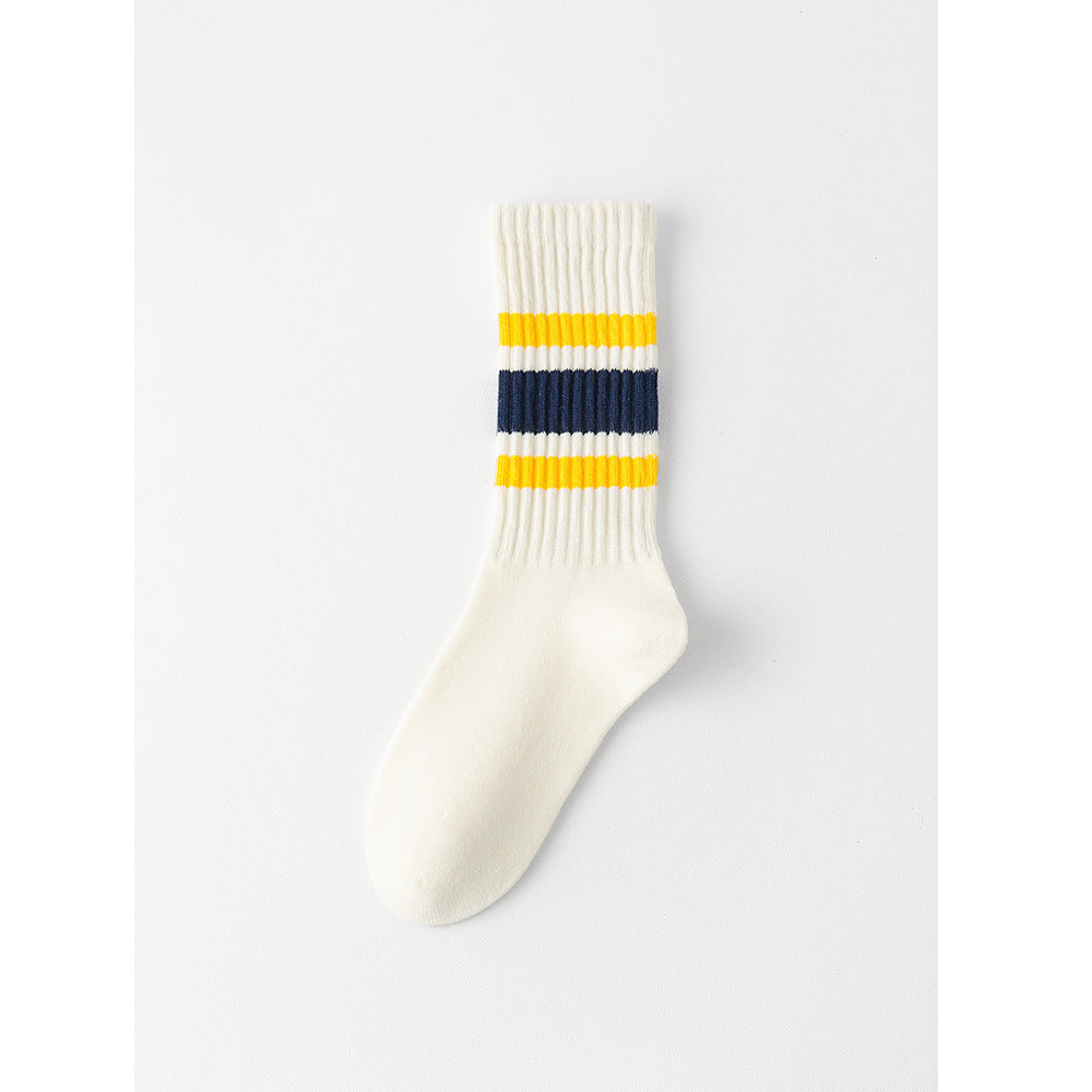 Retro Striped Cotton Crew Socks – Unisex Casual Mid-Calf Socks