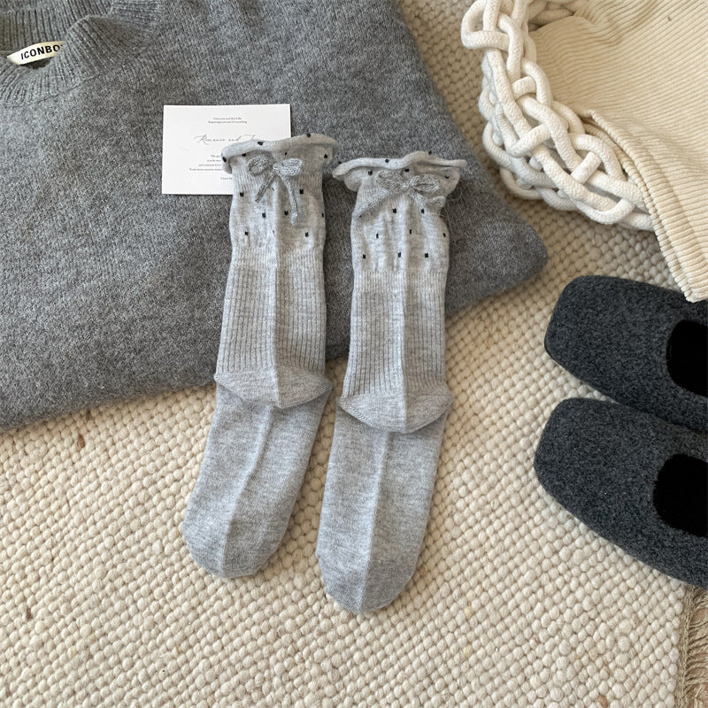 Cozy Polka Dot Bow Sleep Socks – Women’s Soft Warm Crew Socks