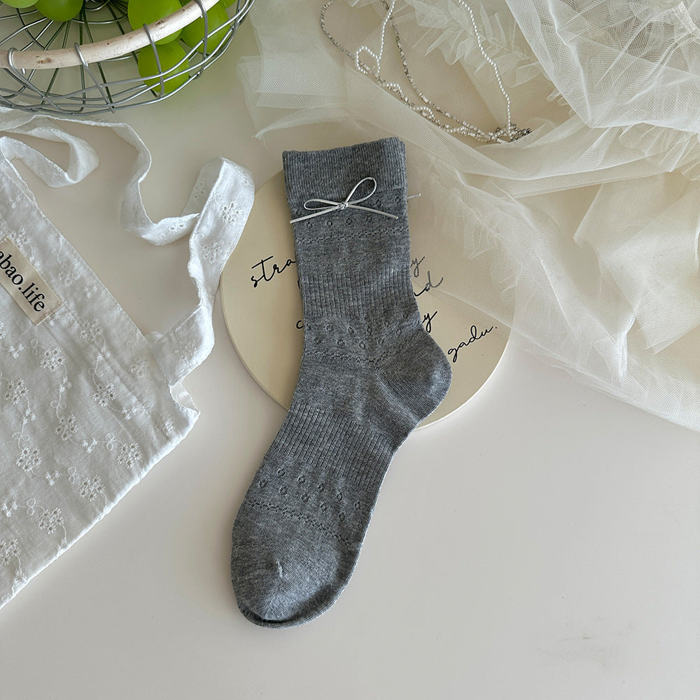 Bow Detail Ribbed Crew Socks for Women – Lightweight Cotton Slouch Socks