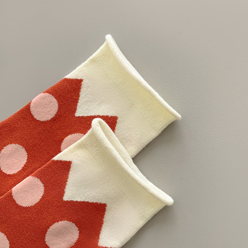 Retro Polka Dot Colorblock Crew Socks – Cotton Mismatched Socks
