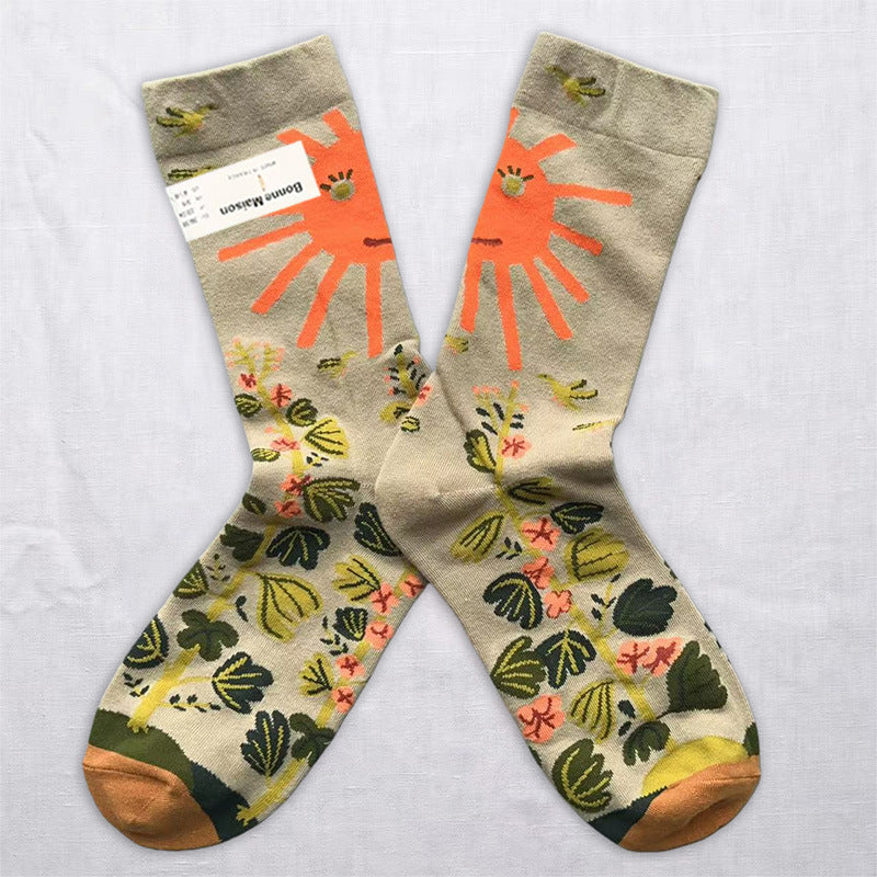 Whimsical Nature Art Crew Socks – Scenic, Floral & Striped Designs