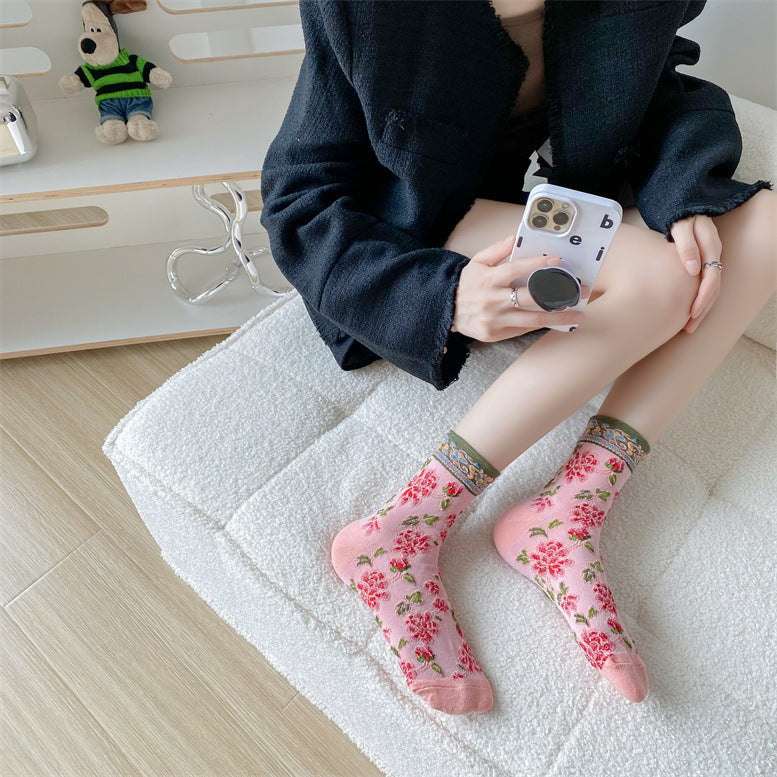 Vintage Floral Embroidered Crew Socks for Women – Sheer Textured Garden Socks