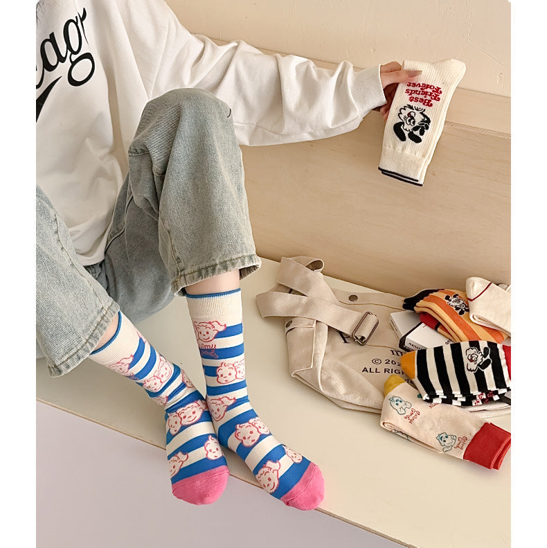 Cute Cartoon Crew Socks – Soft Striped & Bunny Print Women’s Socks