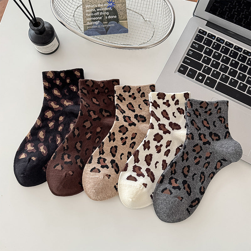 Leopard Print Crew Socks for Women – Cute Animal Pattern Cotton Socks