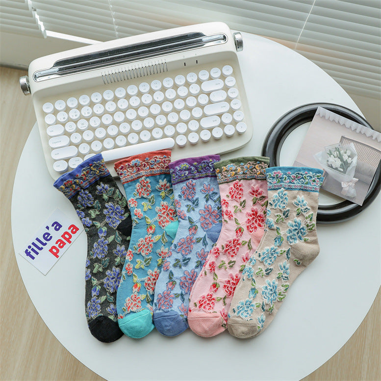 Vintage Floral Embroidered Crew Socks for Women – Sheer Textured Garden Socks