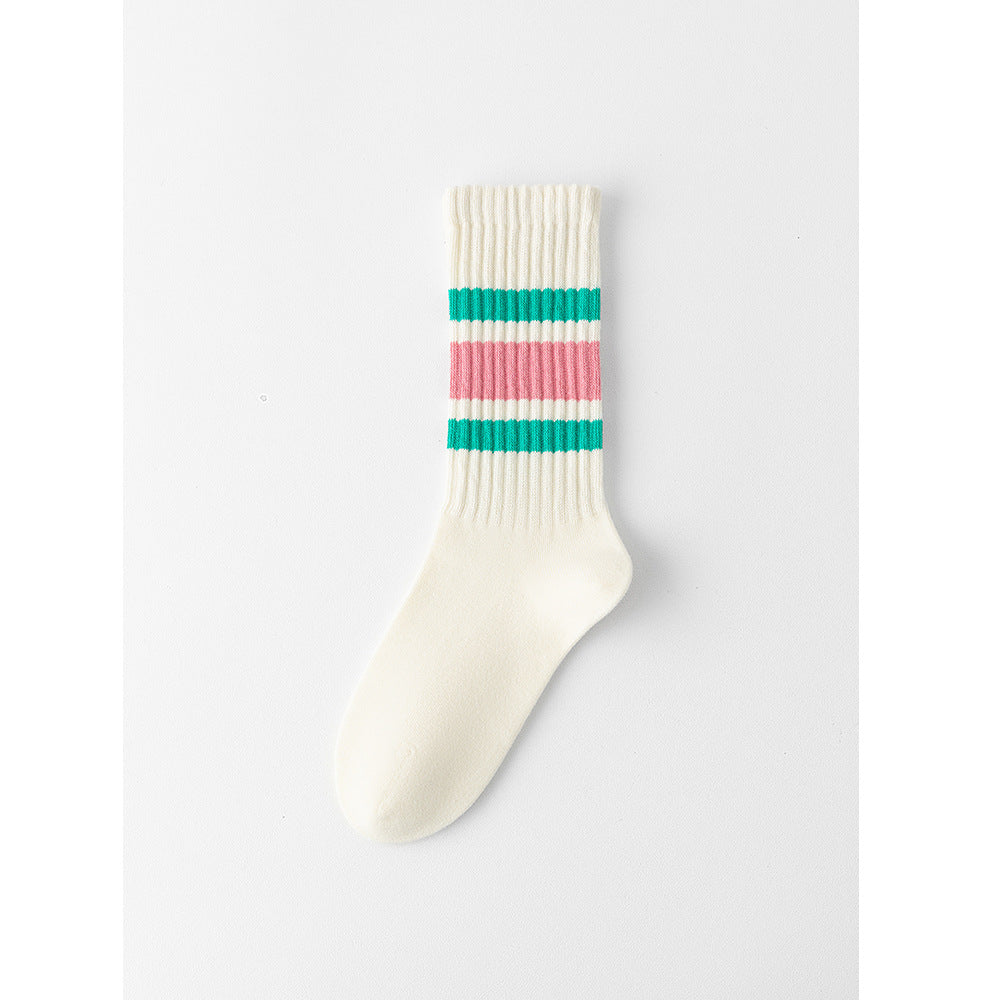 Retro Striped Cotton Crew Socks – Unisex Casual Mid-Calf Socks