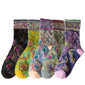 Vintage Floral Embroidered Crew Socks for Women – Glitter Cuff Sheer Jacquard Socks