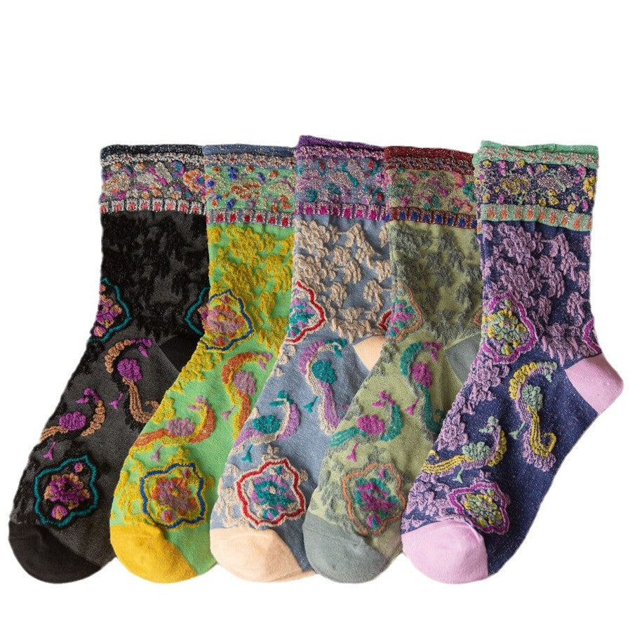 Vintage Floral Embroidered Crew Socks for Women – Glitter Cuff Sheer Jacquard Socks