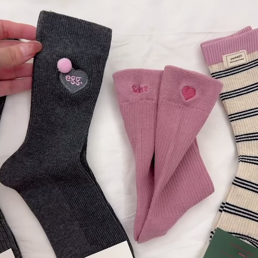 Vintage Pink & Grey Crew Socks for Women – Cute Embroidered Striped Mid-Calf Socks