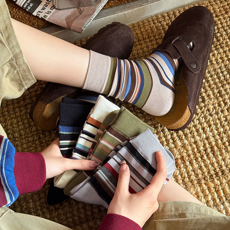 Retro Earth-Tone Striped Crew Socks – Unisex Cotton Mid-Calf Socks