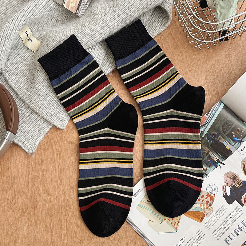 Retro Earth-Tone Striped Crew Socks – Unisex Cotton Mid-Calf Socks