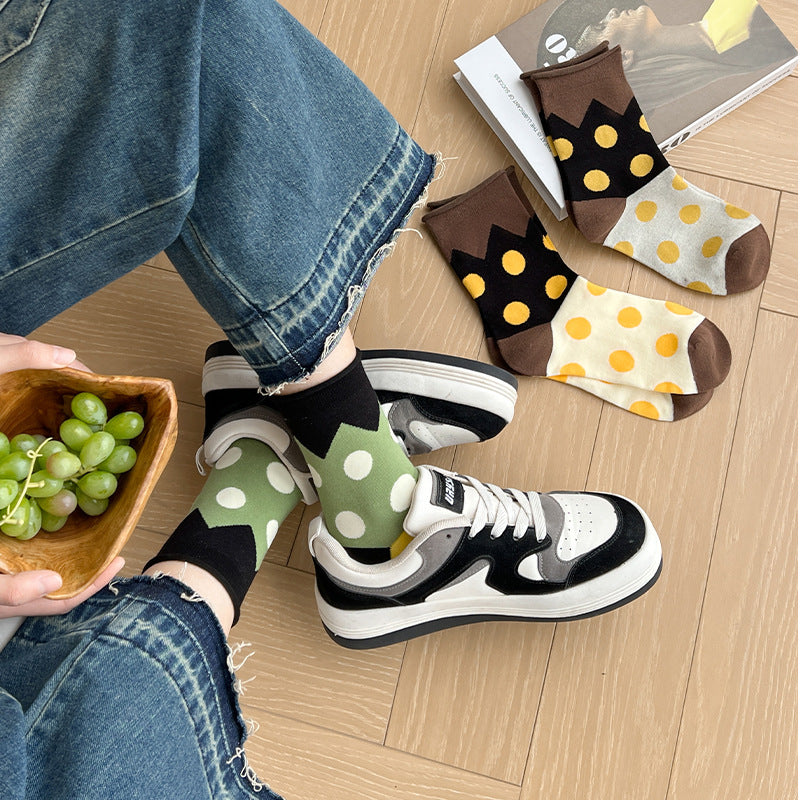 Retro Polka Dot Colorblock Crew Socks – Cotton Mismatched Socks