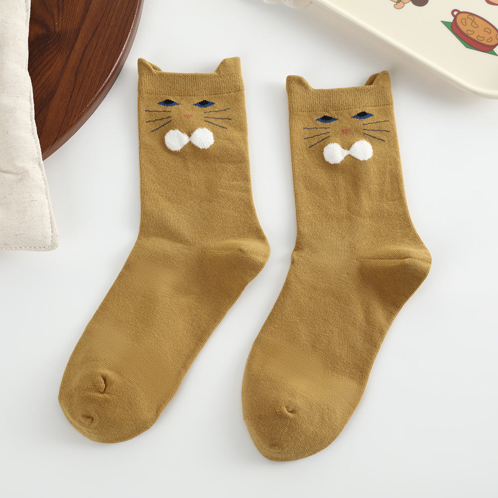 Cute 3D Cat Ear Crew Socks for Women - Soft Combed Cotton Mid-Calf Cartoon Socks