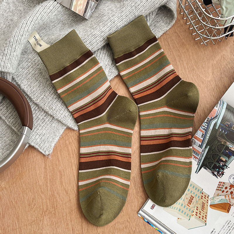 Retro Earth-Tone Striped Crew Socks – Unisex Cotton Mid-Calf Socks