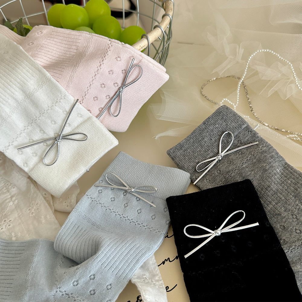 Bow Detail Ribbed Crew Socks for Women – Lightweight Cotton Slouch Socks