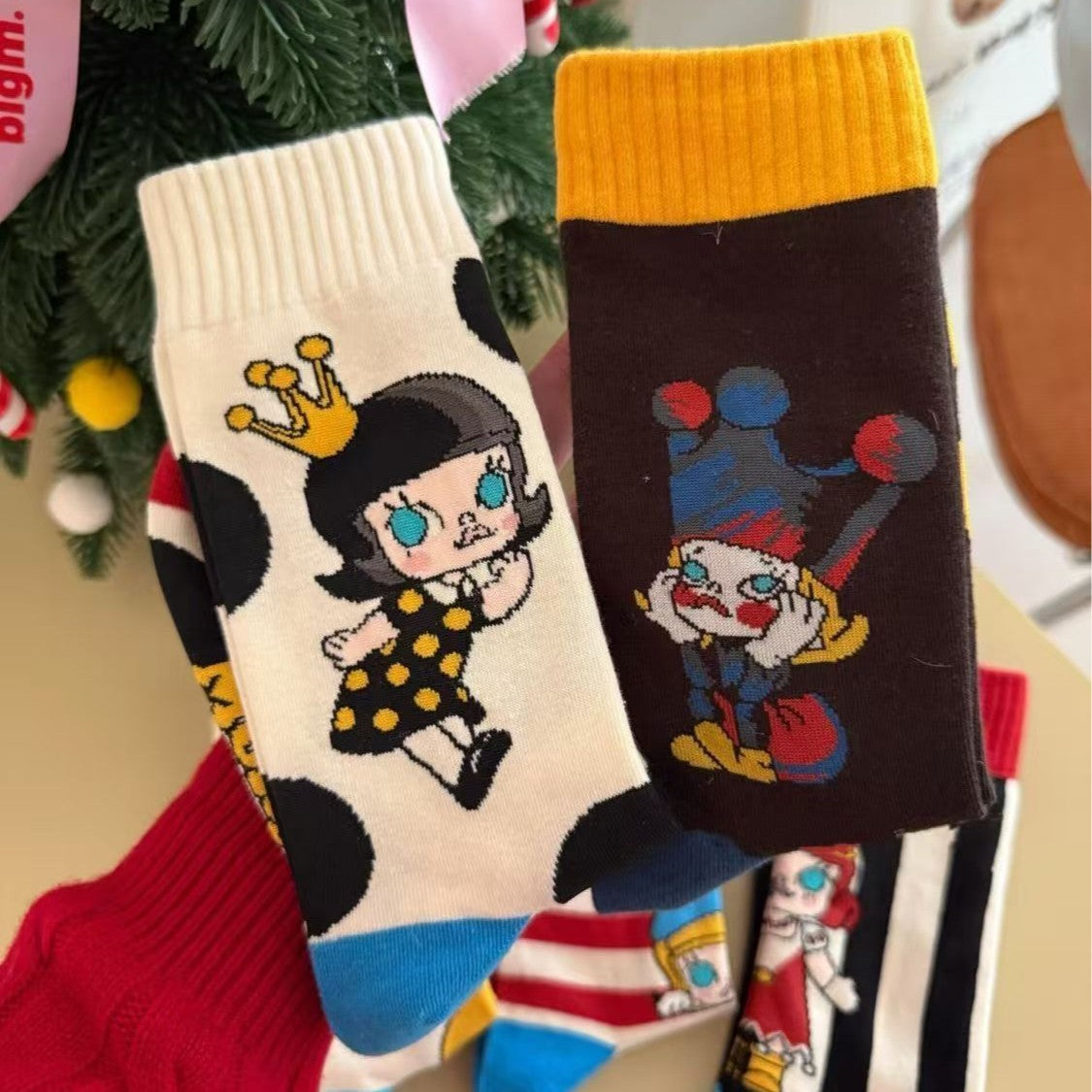 Playful Cartoon Crew Socks – Retro Striped & Polka Dot Women’s Socks