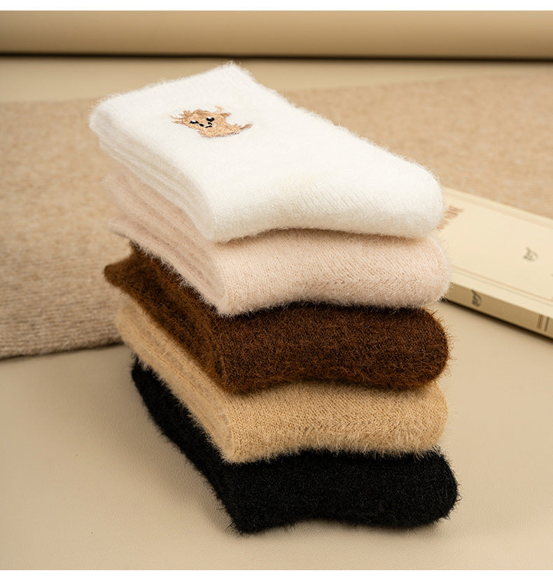 Women’s Fluffy Bear Embroidered Crew Socks – Warm Plush Sleep & Lounge Socks