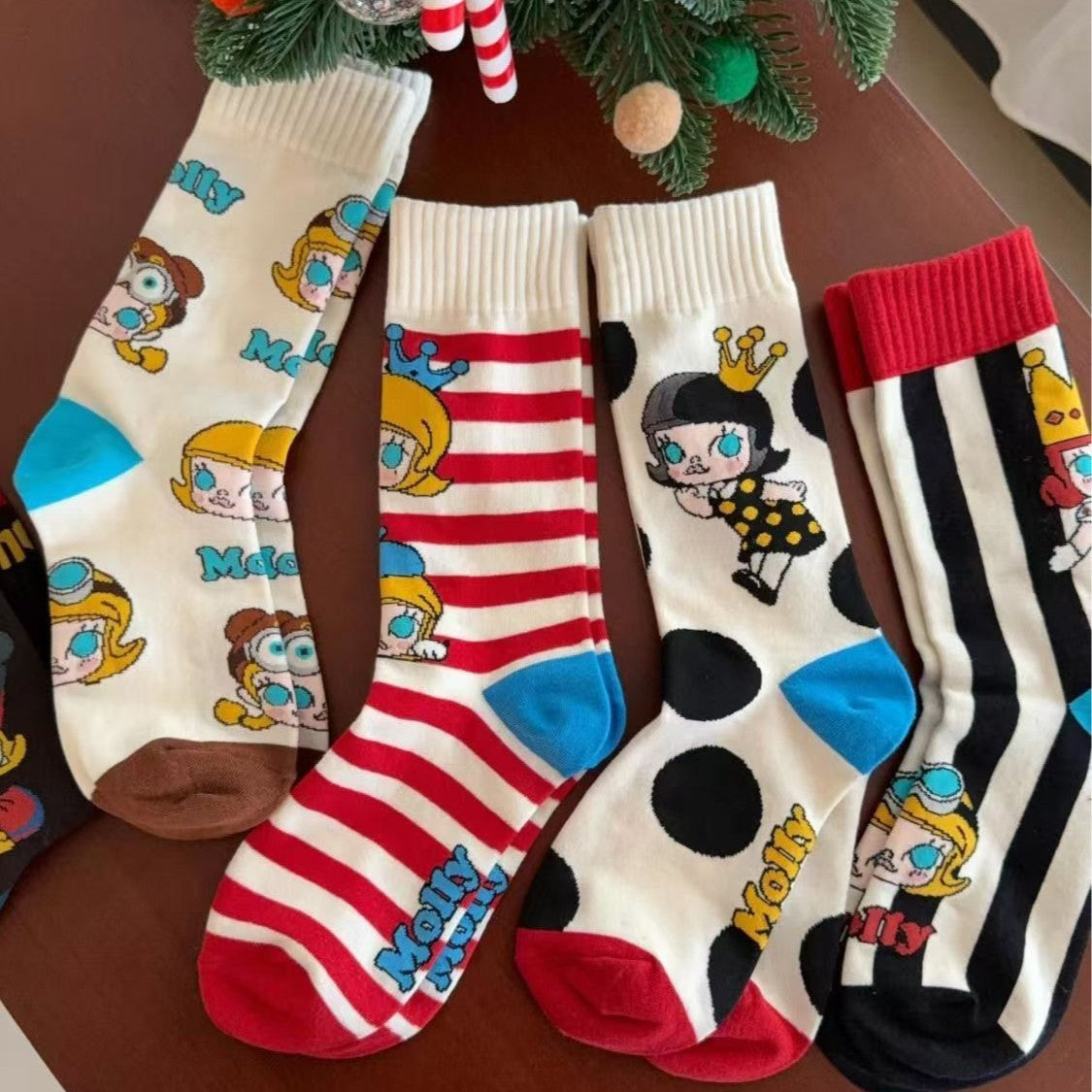 Playful Cartoon Crew Socks – Retro Striped & Polka Dot Women’s Socks