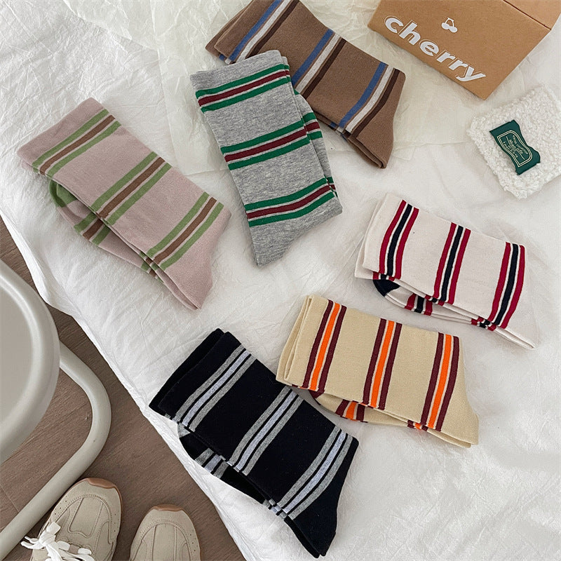 Preppy Colorblock Stripe Crew Socks – Unisex Cotton Mid-Calf Socks