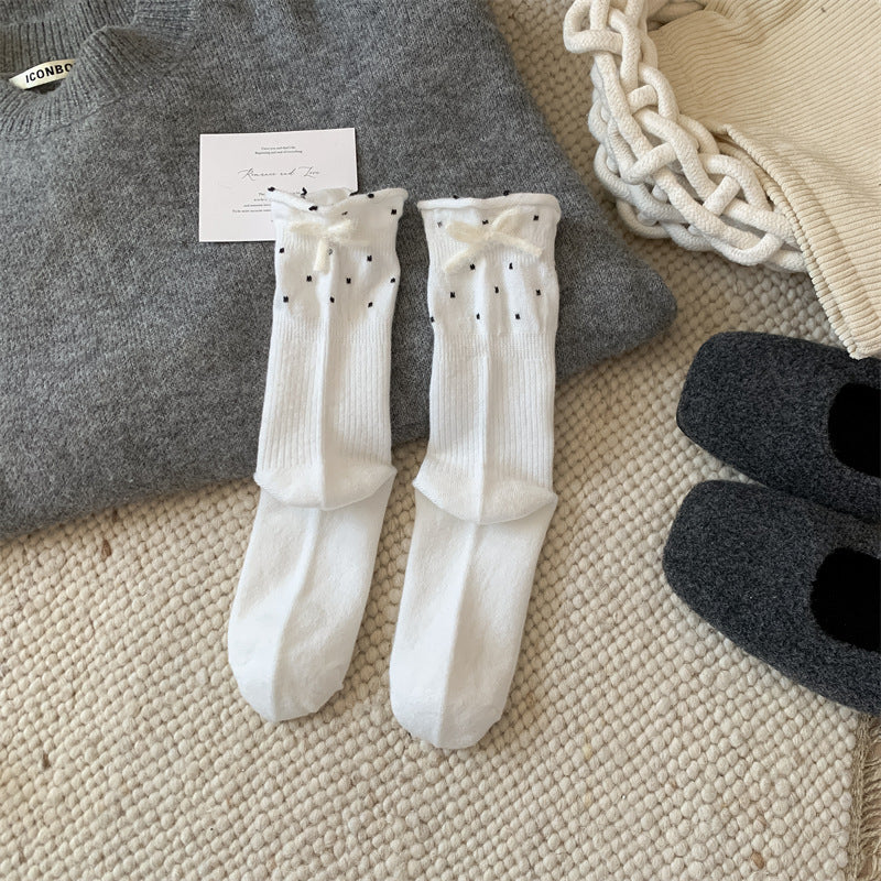 Cozy Polka Dot Bow Sleep Socks – Women’s Soft Warm Crew Socks