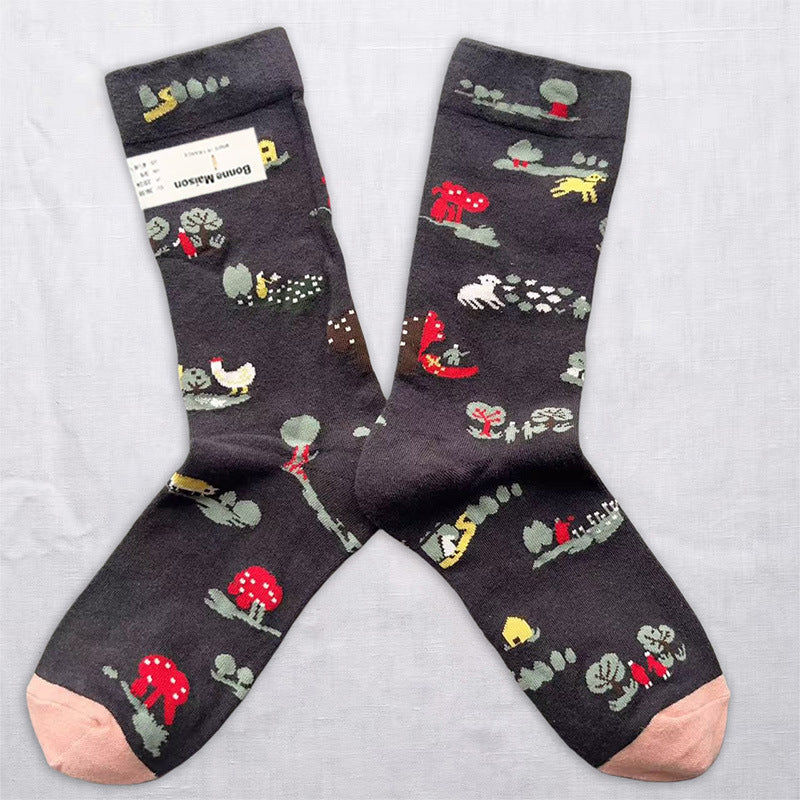 Whimsical Storybook Art Crew Socks – Animal, Floral & Woodland Designs