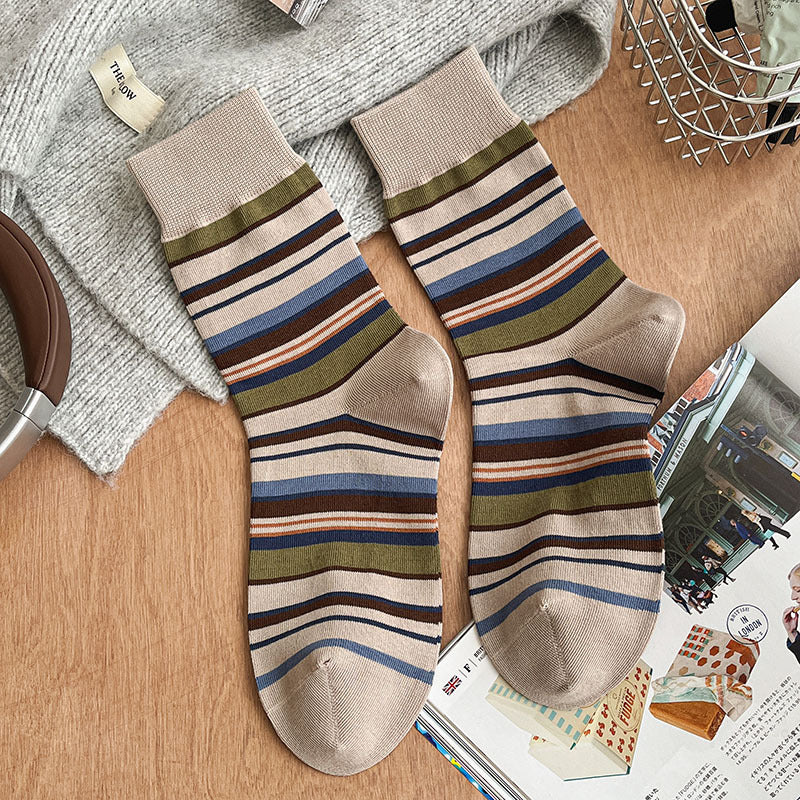 Retro Earth-Tone Striped Crew Socks – Unisex Cotton Mid-Calf Socks
