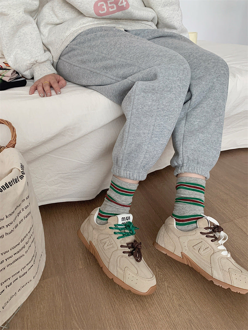 Preppy Colorblock Stripe Crew Socks – Unisex Cotton Mid-Calf Socks