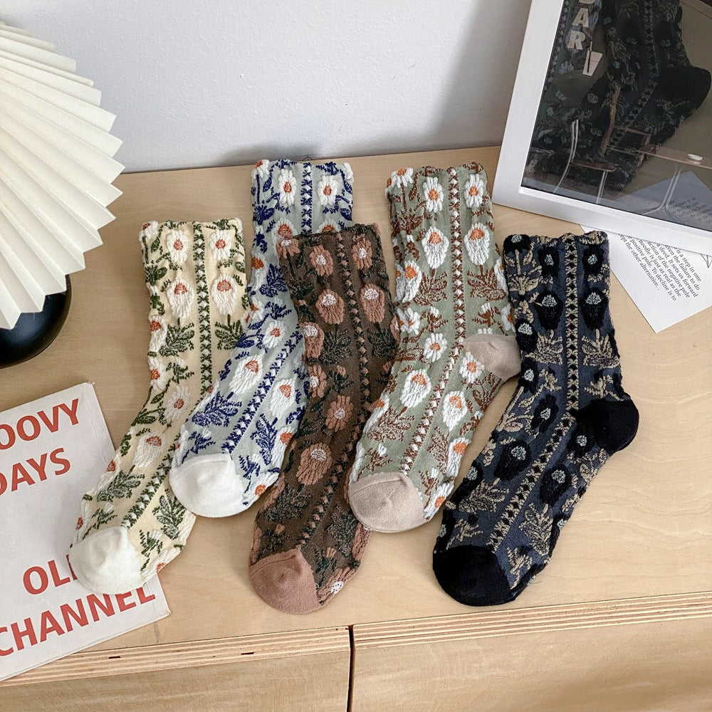 Vintage Floral Crew Socks – Women’s Breathable Mid-Calf Socks