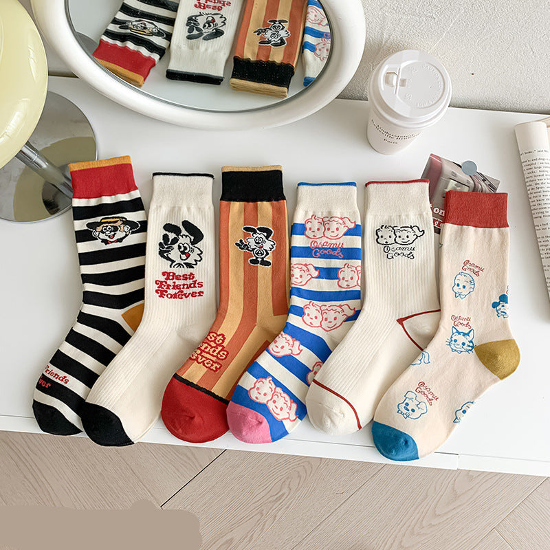 Cute Cartoon Crew Socks – Soft Striped & Bunny Print Women’s Socks